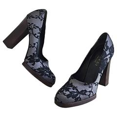 Tom Ford for Gucci Black + Gray Lace Silk Platform Heels Size 38 / 8 2