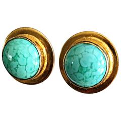 Vintage Yves Saint Laurent Turquoise & Gold Mod Clip On Dome Earrings YSL
