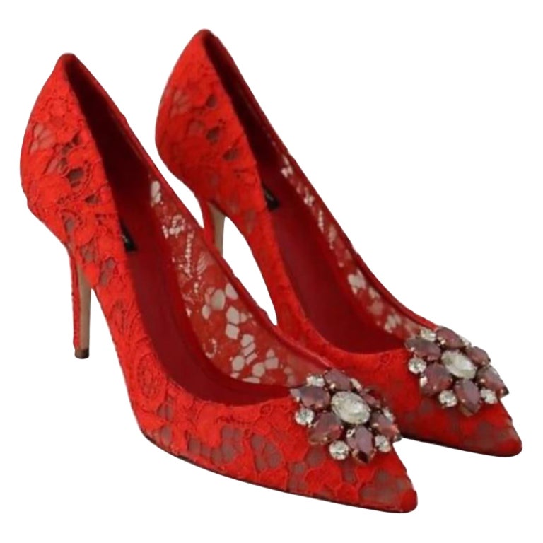 Dolce and Gabbana Red Taormina Lace Shoes Heels Pumps Jewel Crystals  Flowers For Sale at 1stDibs