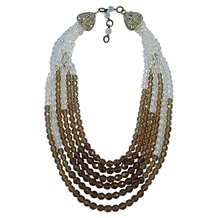 Coppola e Toppo Six Strand Clear and Caramel Brown Crystal Bead Necklace 1950s For Sale