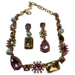 Vintage Oscar De La Renta Faux Pearls and Pink Crystals Runway Necklace and Earrings