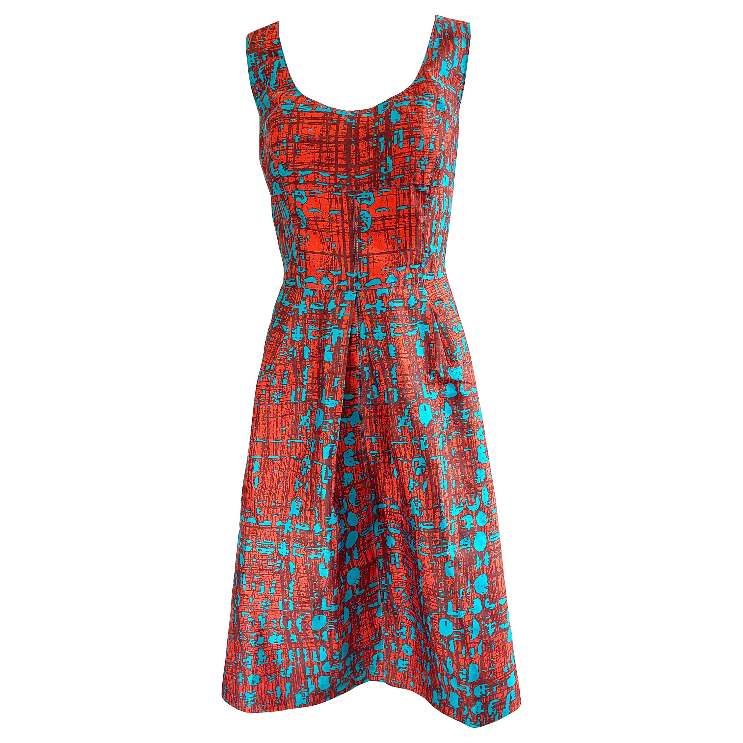 Oscar de la Renta Size 14 2000s Orange + Blue Silk Fit n’ Flare Y2K Dress For Sale