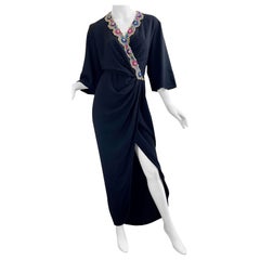 1970s Valentino Negro Crepe Oro Celosía Bordado Vestido Vintage 70s