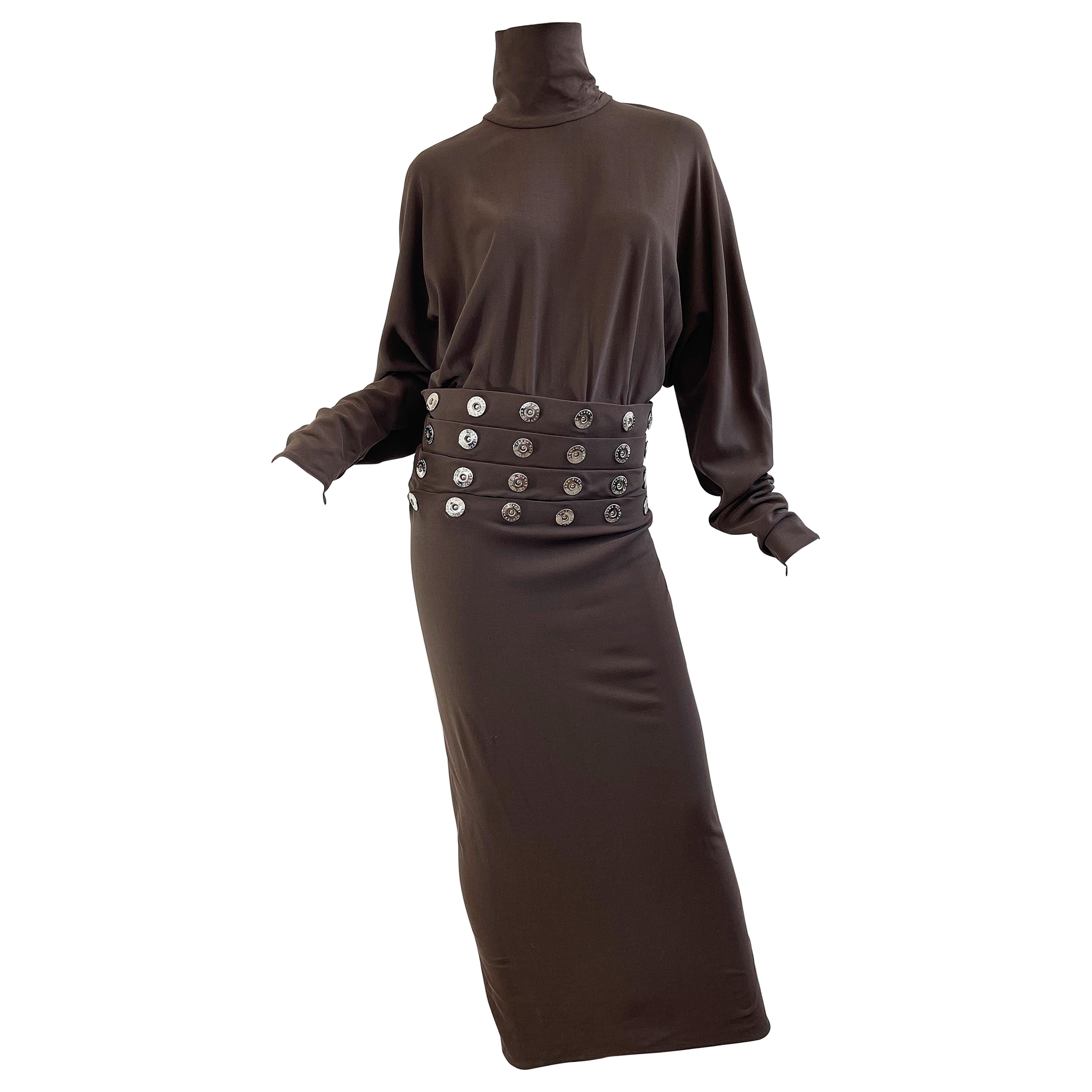 1990s Gianfranco Ferre Size 44 / 8 Brown Drop Waist Grommet Turtleneck 90s Gown For Sale