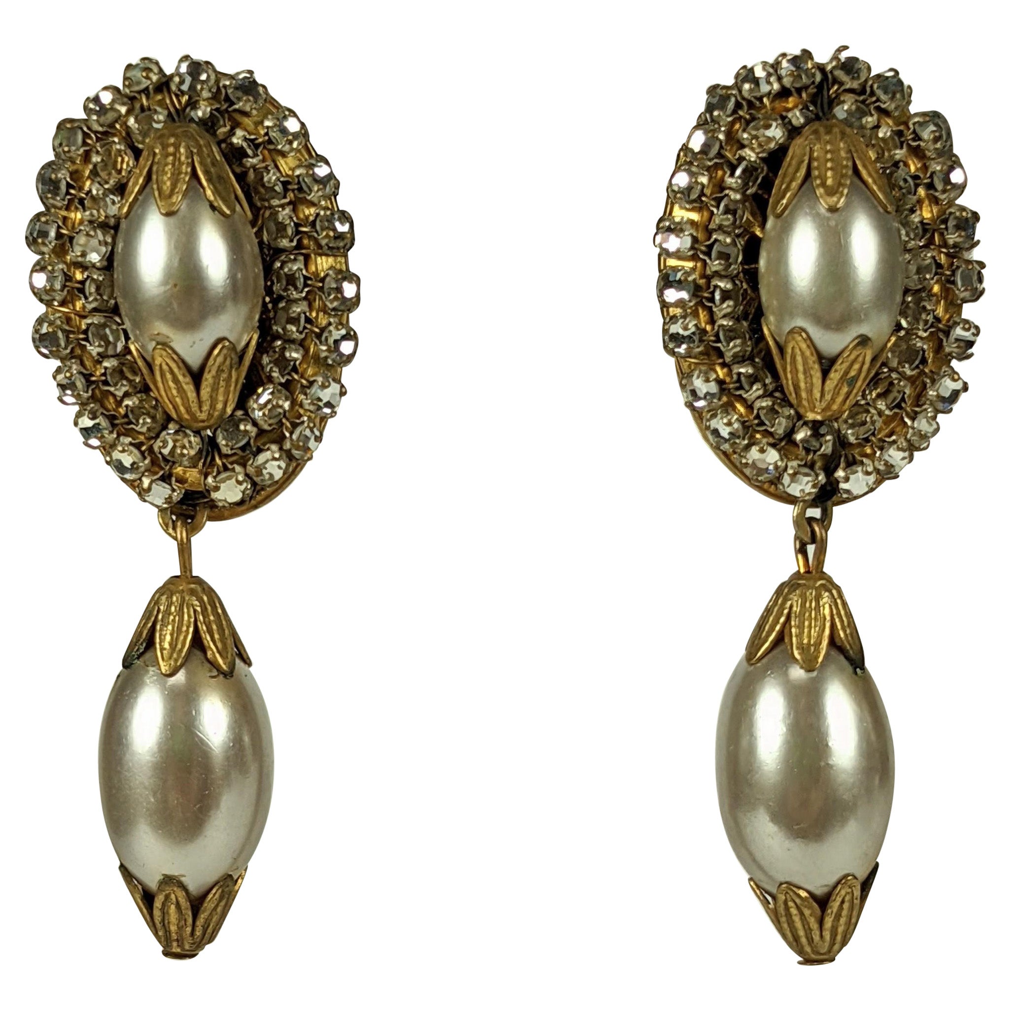 Miriam Haskell Pearl and Rose Montee Drop Earrings For Sale