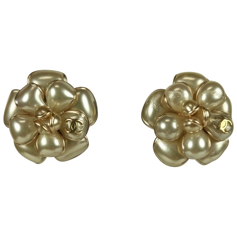 Chanel Pearlized Poured Glass Camellia Earrings For Sale at 1stDibs
