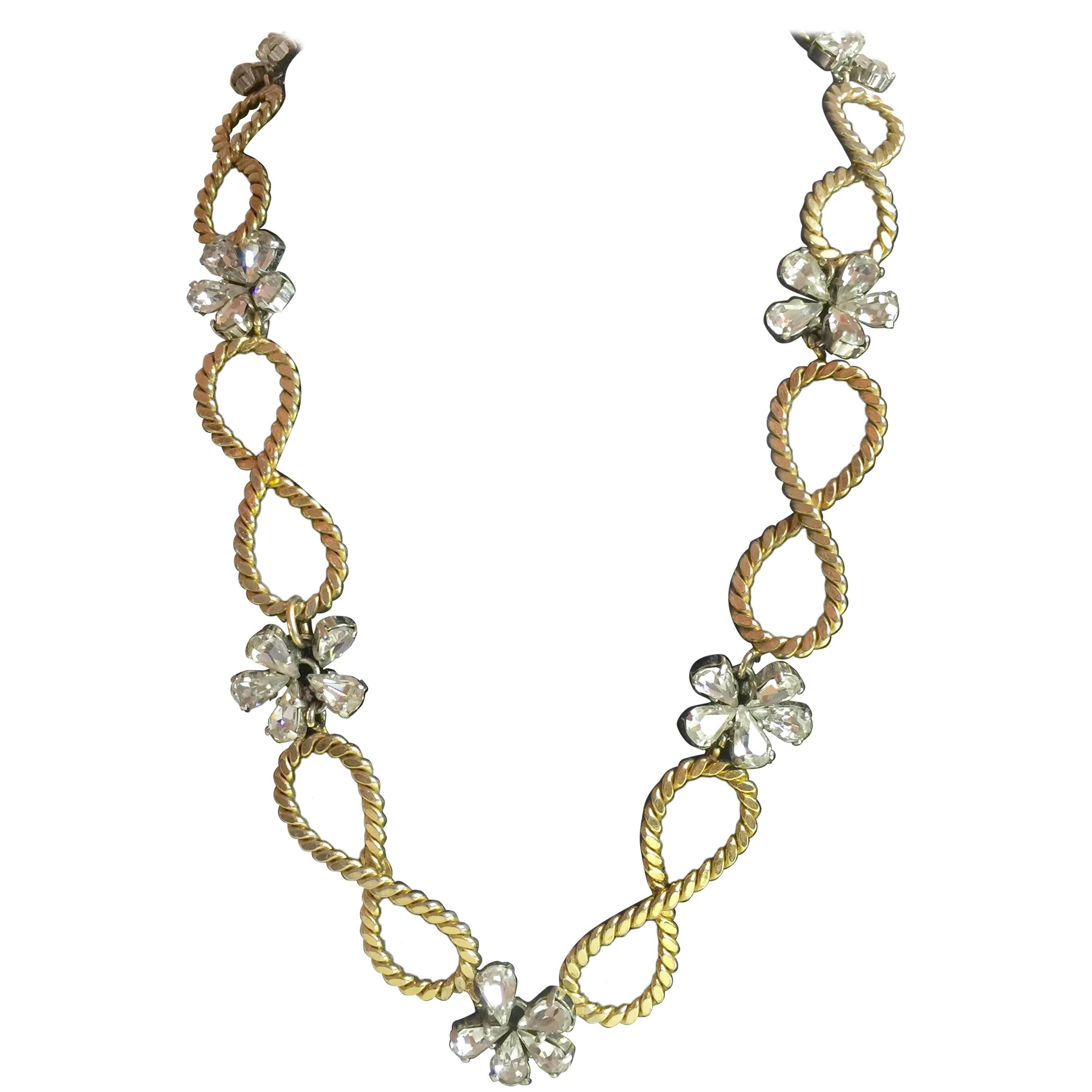 1950's CHRISTIAN DIOR Braided Looped and Floral Rhinestone Necklace 1958 For Sale