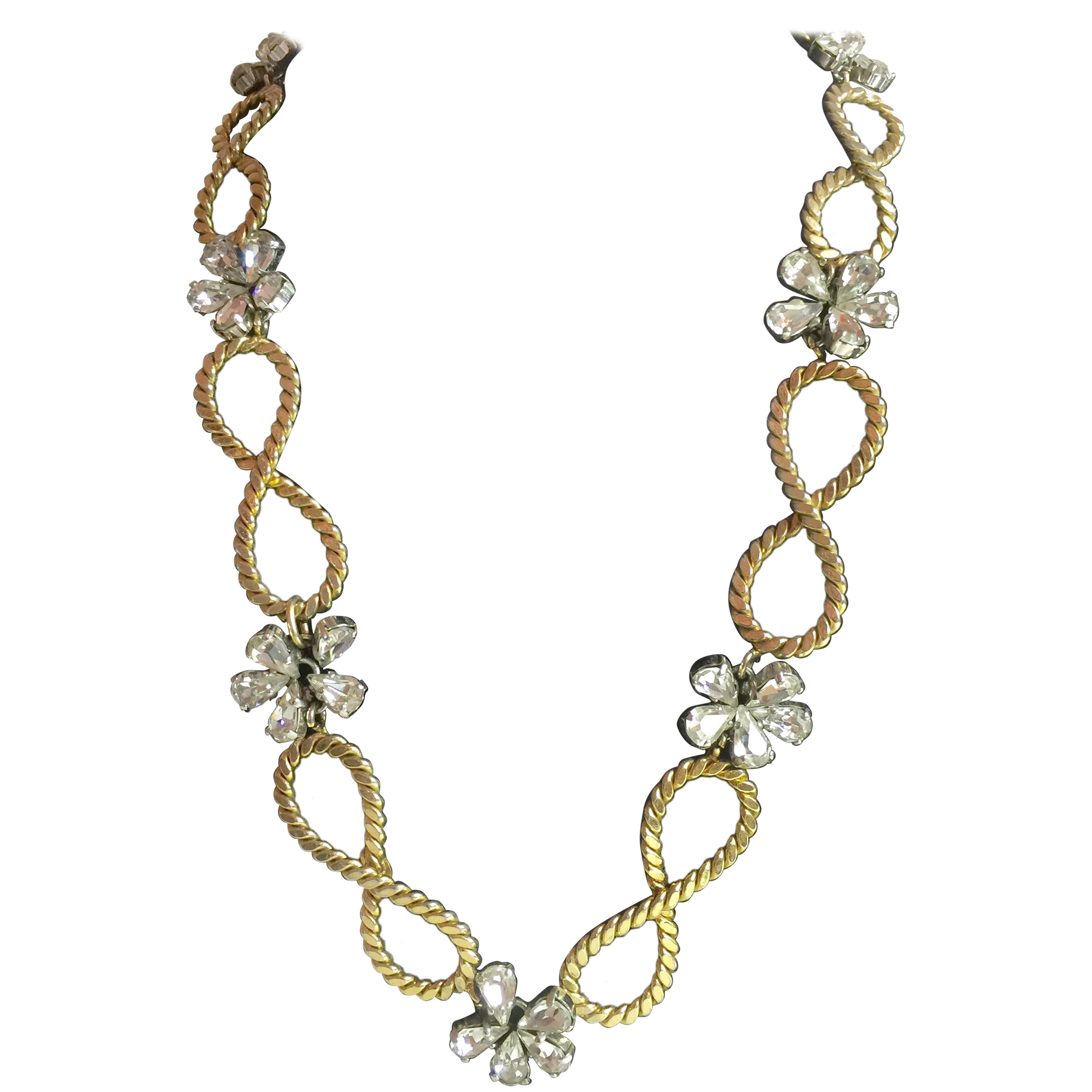 1950's CHRISTIAN DIOR Braided Looped and Floral Rhinestone Necklace 1958  For Sale at 1stDibs
