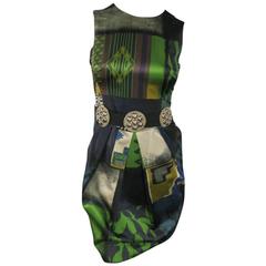 ETRO Size 2 Green Printed Satin SLeeveless Embellished Belt Cocktail Dress