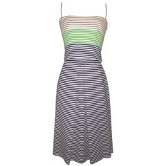Retro Lanvin 1960s Blue and White Striped Crop Tank Top and Skirt Sun Dress Ensemble 