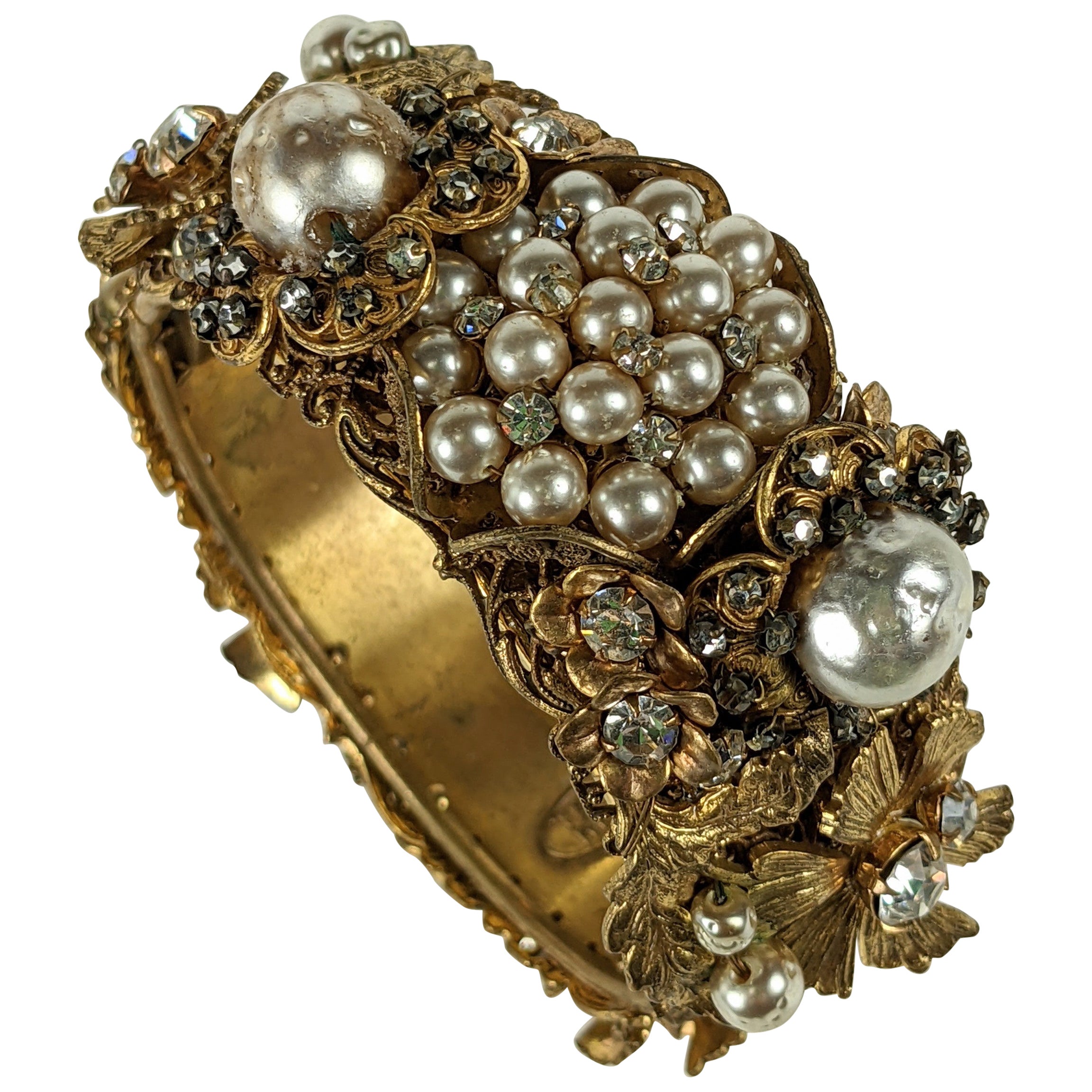 Miriam Haskell Elaborate Pearl Hinged Cuff Bracelet For Sale