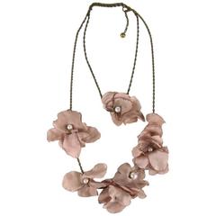 LANVIN Pink Silk Faux Pearl Flower Dark gold Chain Wrap Necklace