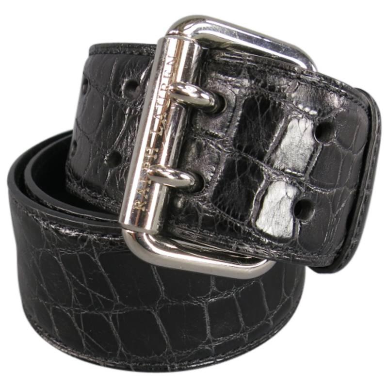 RALPH LAUREN Collection Black S Alligator Leather Silver Double Prong Belt