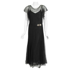 Vintage 1930s French Couture Beaded Rhinestone Black Silk Chiffon Bias-Cut Dress