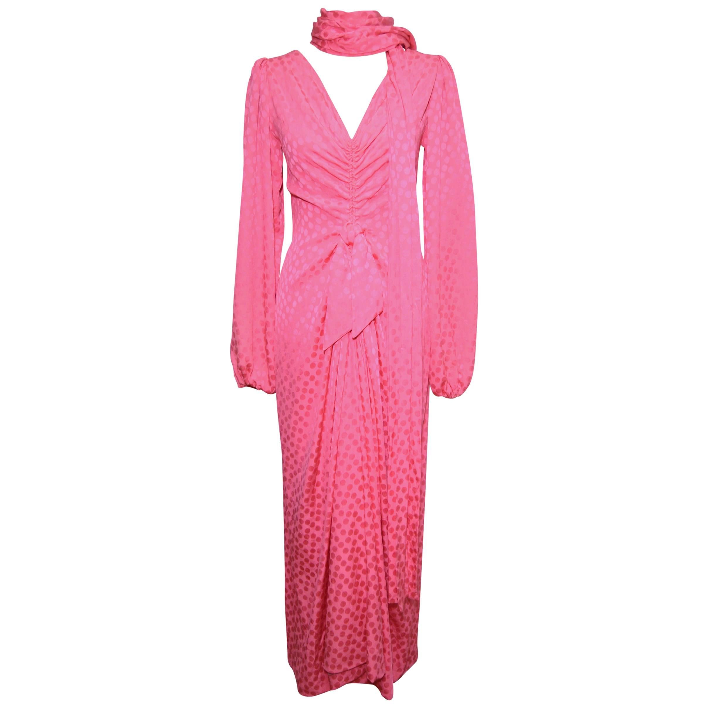 Eric Y Juan 1980s Pink Silk Polka Dot Ruched Dress