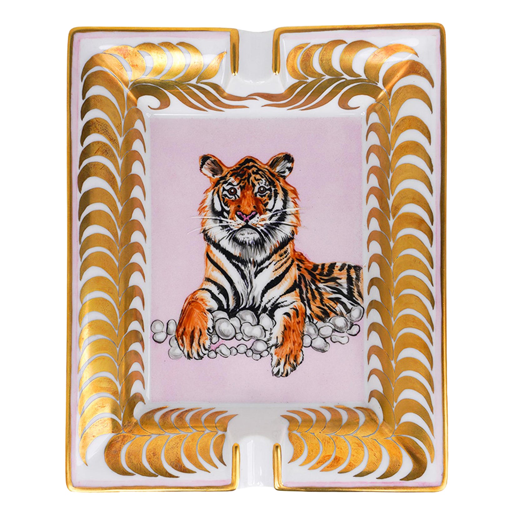 Hermes Change Tray Tigre Royal Or / Rose Hand Painted New w/ Box For Sale