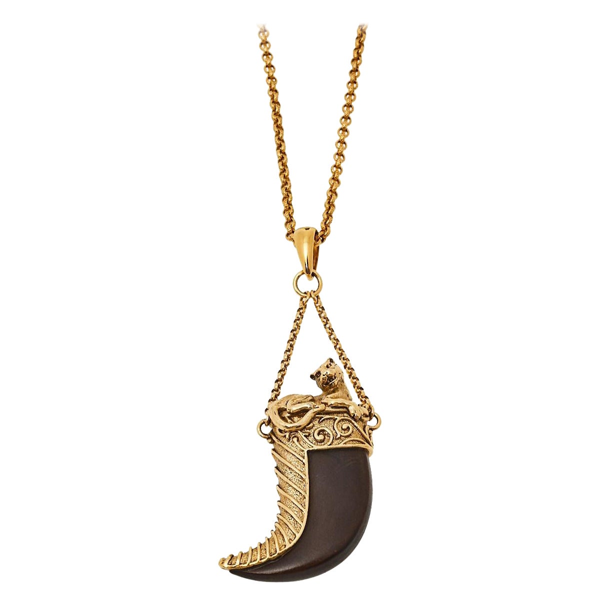 Roberto Cavalli Brown Leather Tooth Gold Tone Pendant Necklace