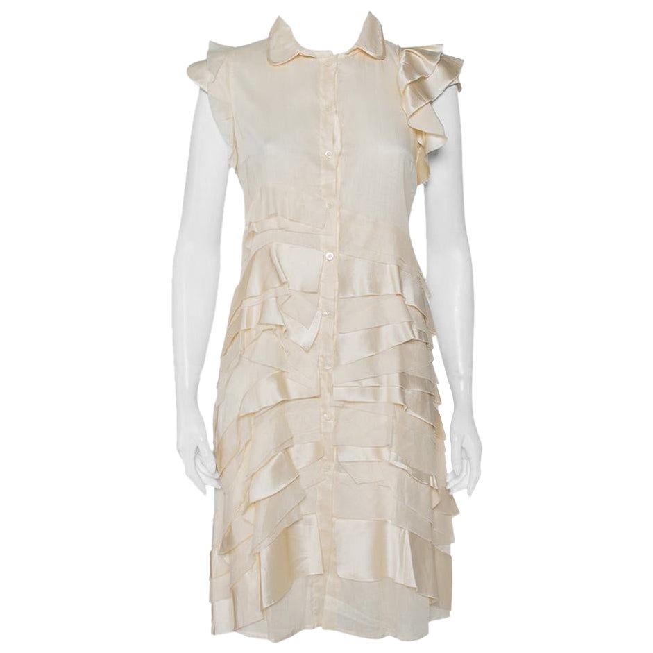 Prada Cream Silk Detachable Collar Detail Ruffled Shirt Dress M For Sale