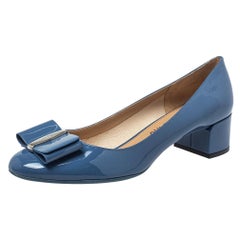 Salvatore Ferragamo Blue Patent Leather Vara Bow Pumps Size 40.5