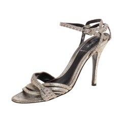 Fendi Silver/Beige Canvas And Suede Ankle Strap Sandals Size 37