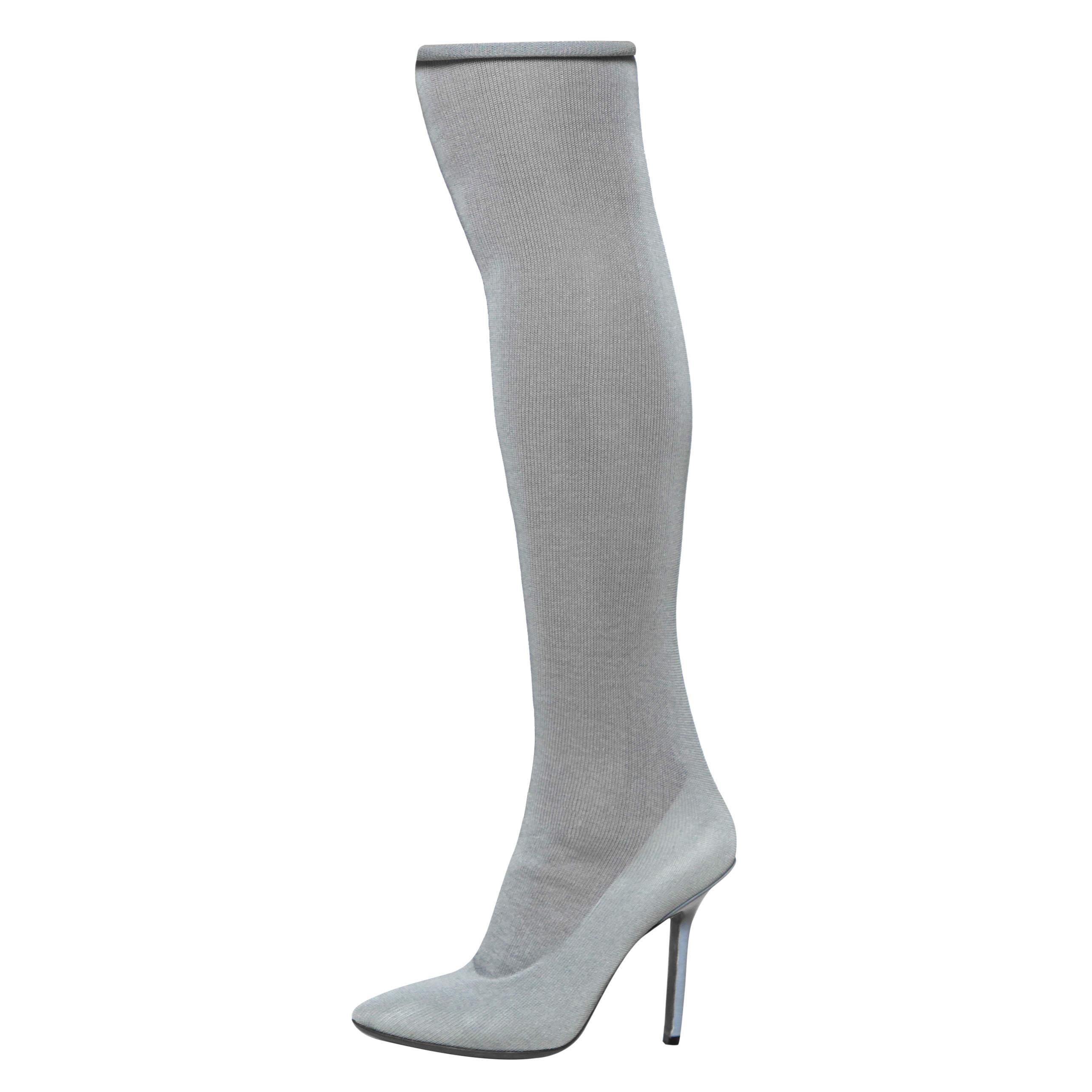Vetements Grey Stretch Fabric Reflective Thigh High Socks Boots Size 37 For Sale