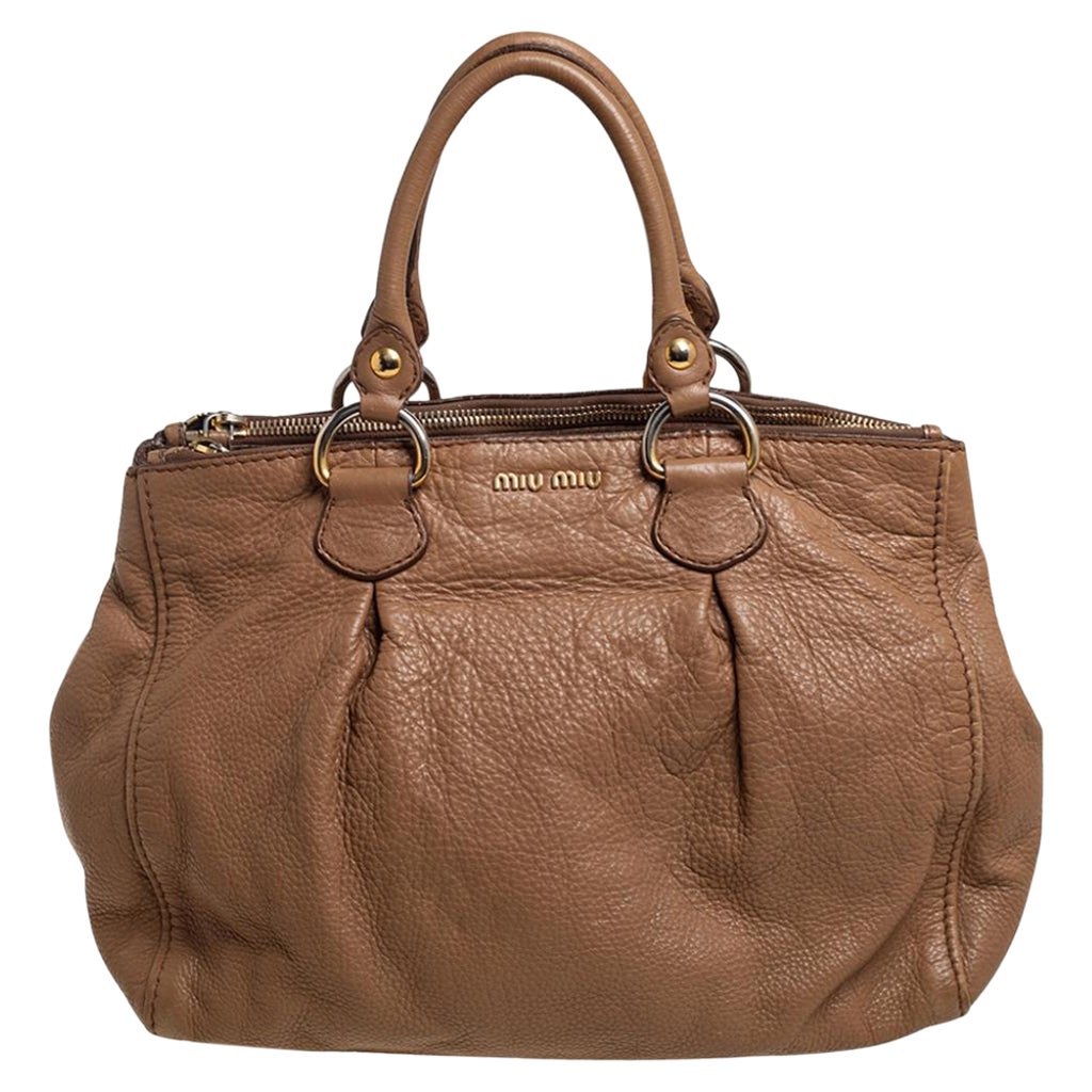 Miu Miu Brown Pebbled Leather Double Zip Tote For Sale
