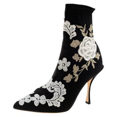 Dolce & Gabbana Black Jersey Flower Embroidered Stretch Booties Size 36