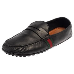 Gucci Black Leather Web Detail Loafers Size 45.5