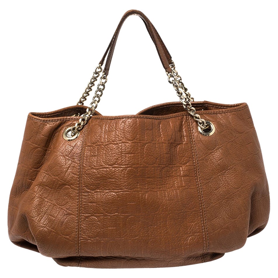 Carolina Herrera Brown Embossed Monogram Leather Chain Hobo