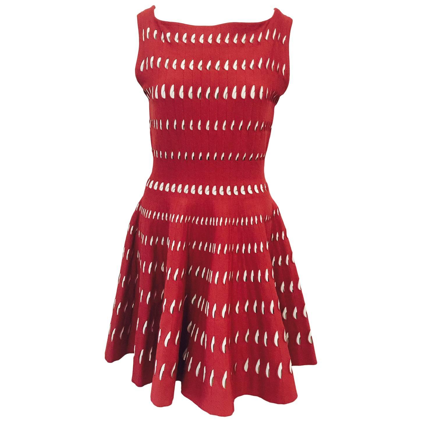 Azzedine Alaia Red & White Stretch Sleeveless Dress W Architectural Cutouts For Sale