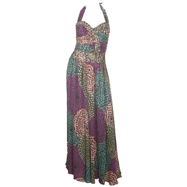 Missoni Purple/Green Printed Halter Gown W/ Embellishments For Sale at ...