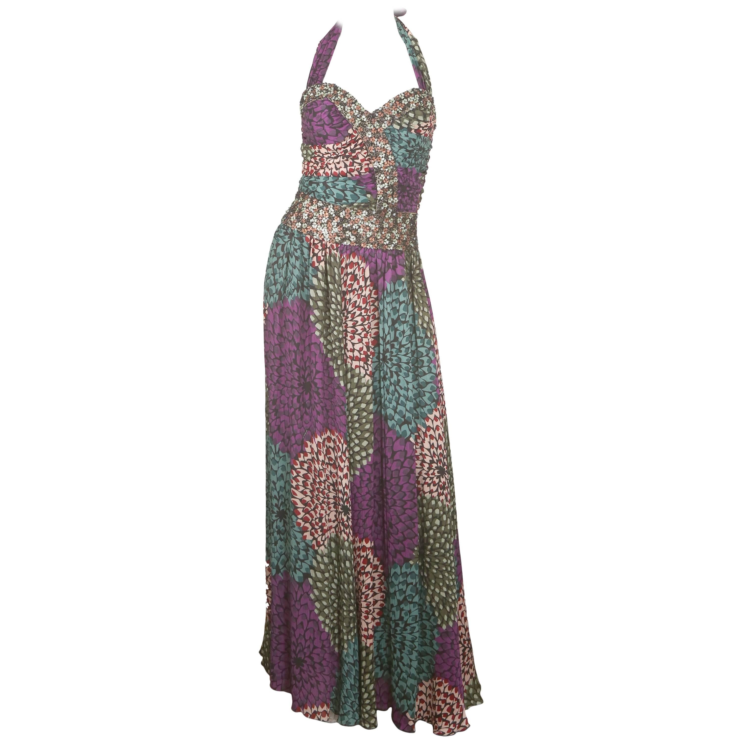 Missoni Purple/Green Printed Halter Gown W/ Embellishments  For Sale