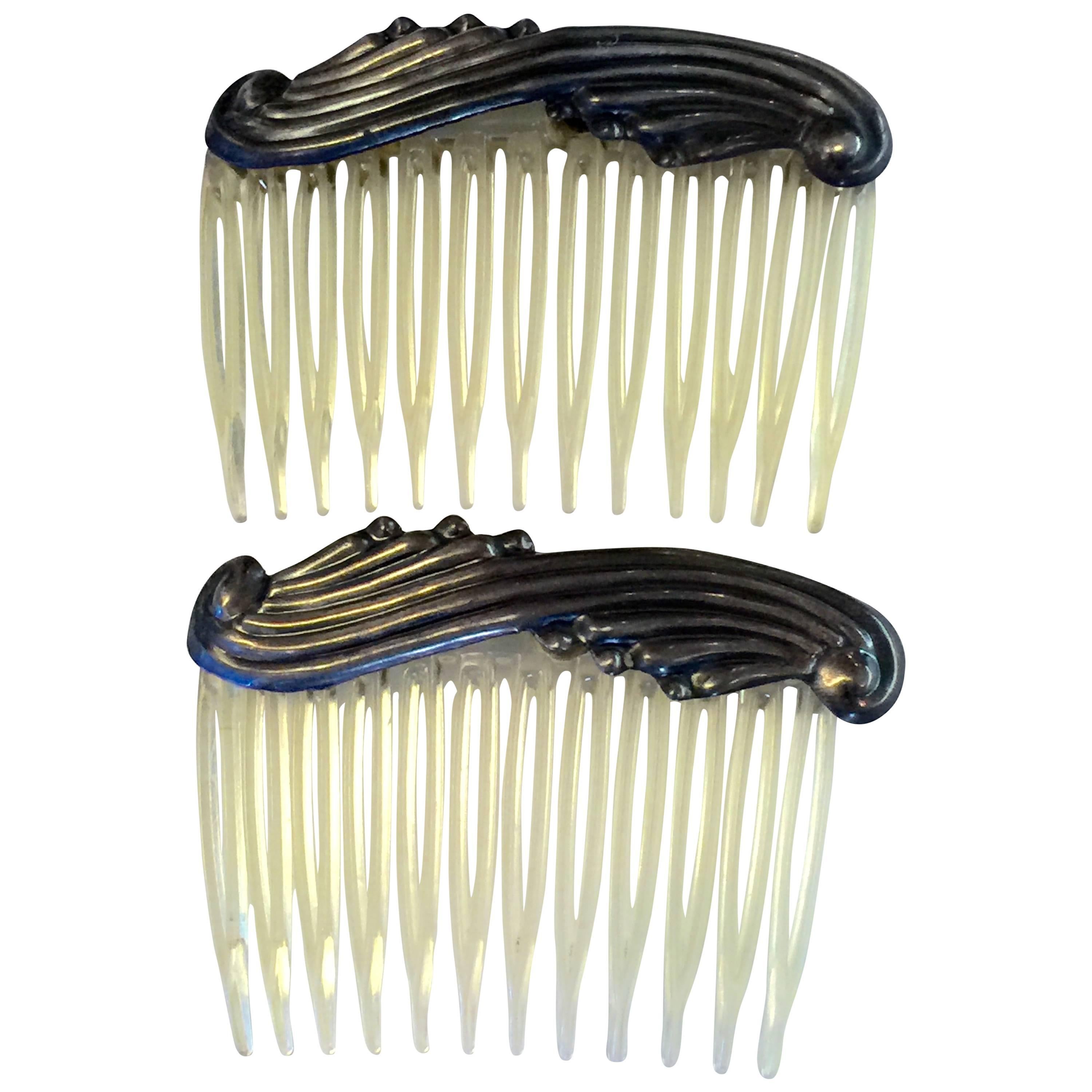 1960s PAIR Mexican Celluloid and Sterling Silver Hair Combs For Sale