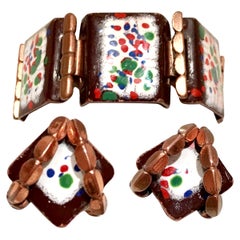 Vintage 50'S Copper & Enamel Link Bracelet And Earrings S/3 By Renoir-Matisse