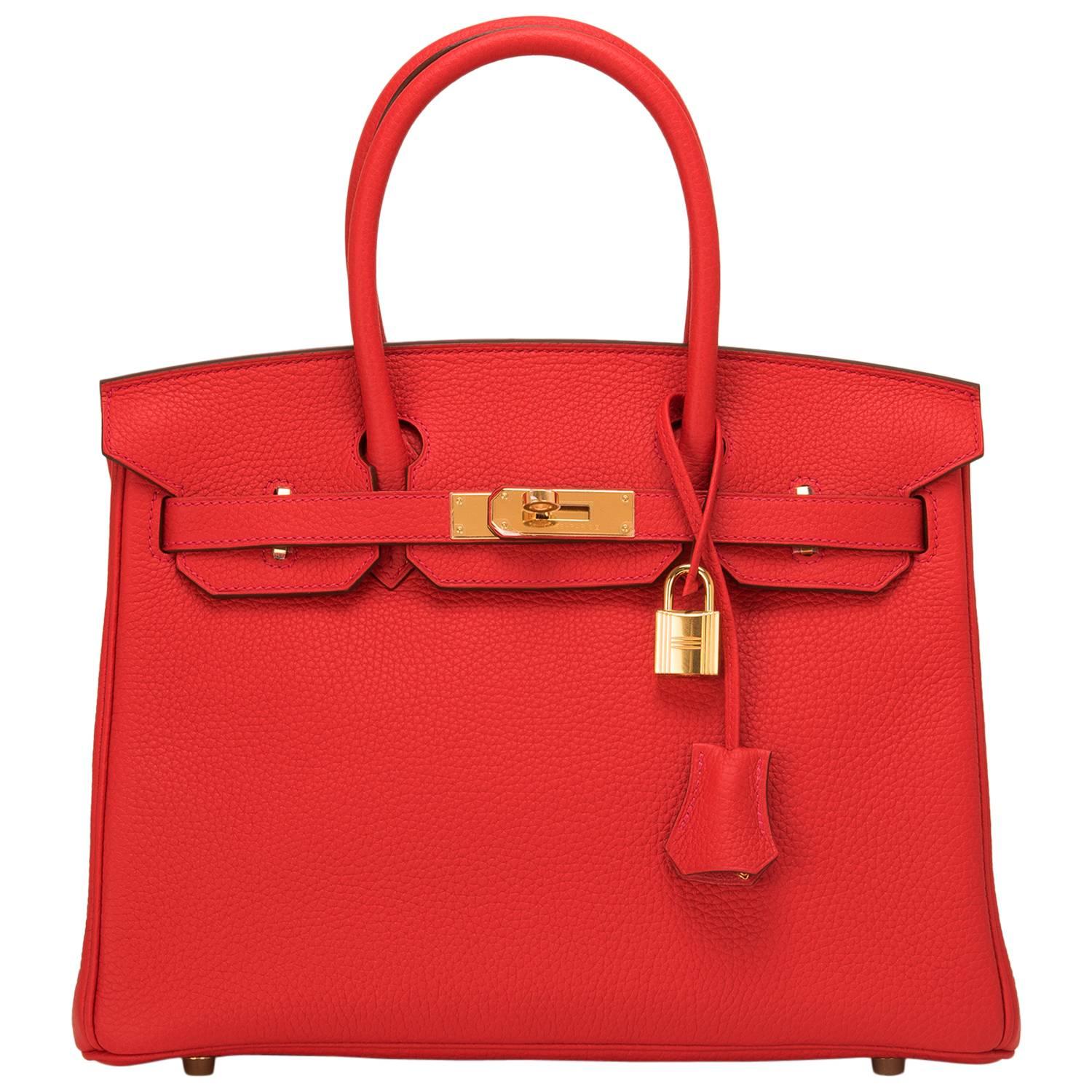 Hermes Rouge Tomate Clemence Birkin 30cm Gold Hardware For Sale