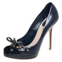 Dior Blue Leather Bow Chain Detail Peep Toe Pumps Size 40