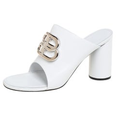 Balenciaga White Leather Oval Logo Slide Sandals Size 38