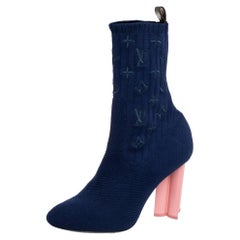 Louis Vuitton Blue Monogram Knit Fabric Silhouette Ankle Boots Size 40