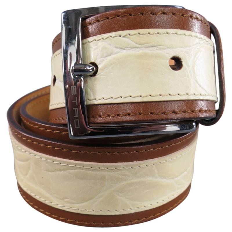Etro Cream Alligator Embossed Brown Stripe Leather Belt