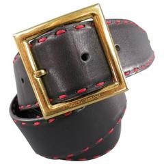 DOLCE & GABBANA Black Leather Red Stitching Gold Square Buckle Belt