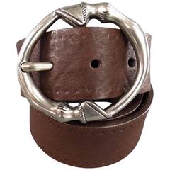 GUCCI Brown Leather Silver Horse Hoof Buckle Circle Belt