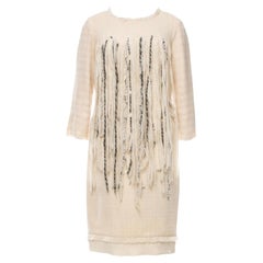 CHANEL Ivory Fantasy Frayed Tweed Dress with Pearl Trimmings and Fringe Details