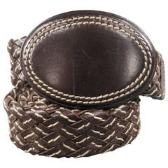 BOTTEGA VENETA Brown & White Intrecciato Woven Leather Oval Buckle Belt