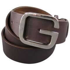 GUCCI Chocolate Brown Leather Silver G Buckle Belt