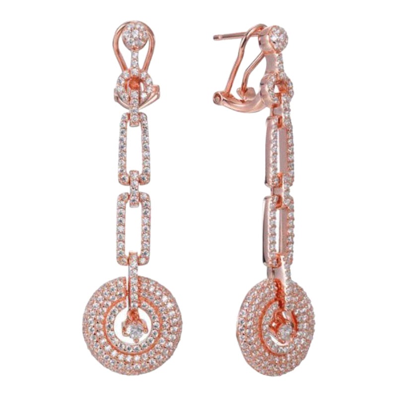Pendientes de gota circulares estilo Art Decó de oro rosa con circonita de 3,40 quilates