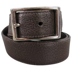 PRADA Chocolate Brown Textured Leather Silver Rectangular Buckle Belt