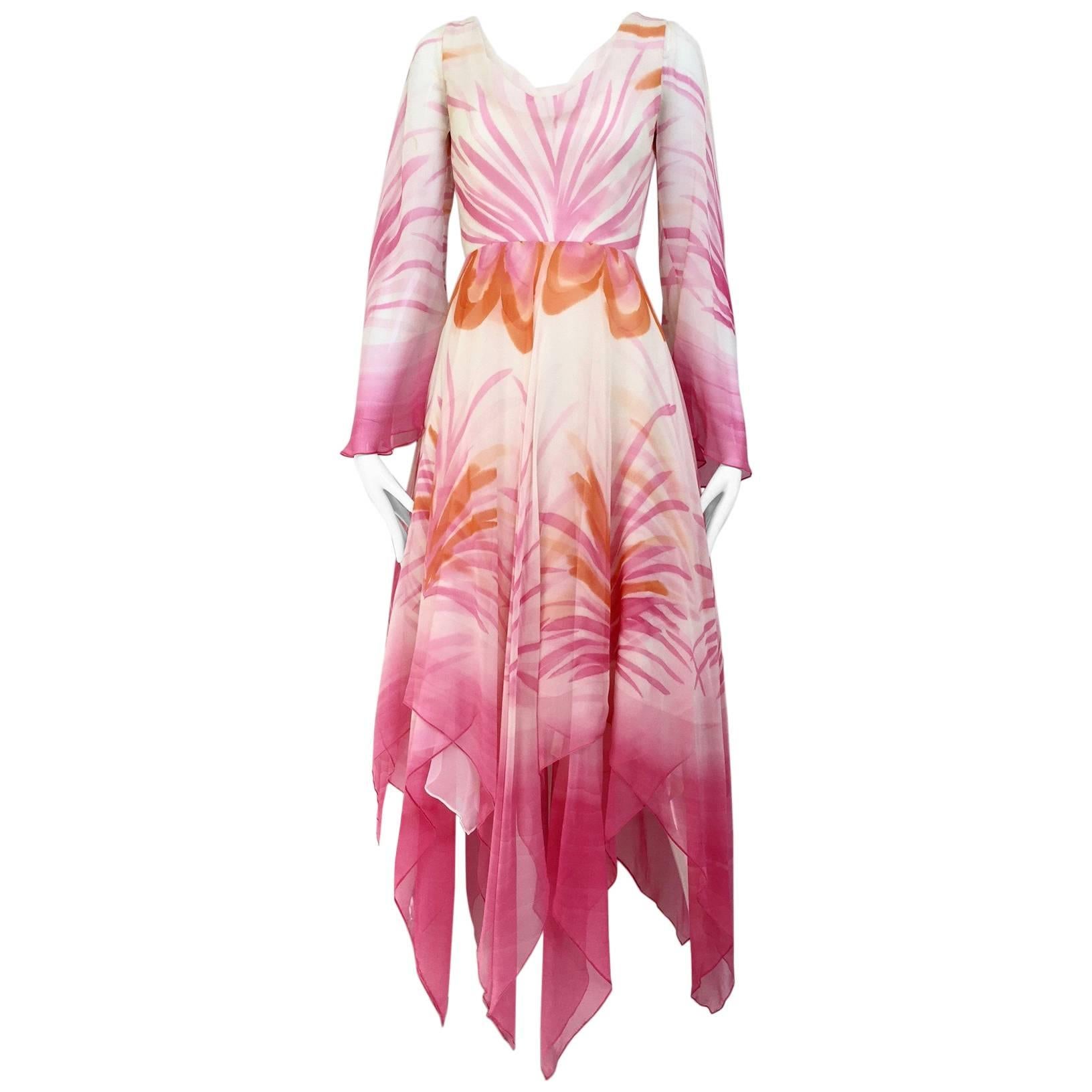 1970s Michael Novarese Pink and White Floral Print Silk Chiffon Dress