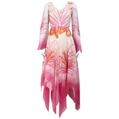 Retro 1970s Michael Novarese Pink and White Floral Print Silk Chiffon Dress