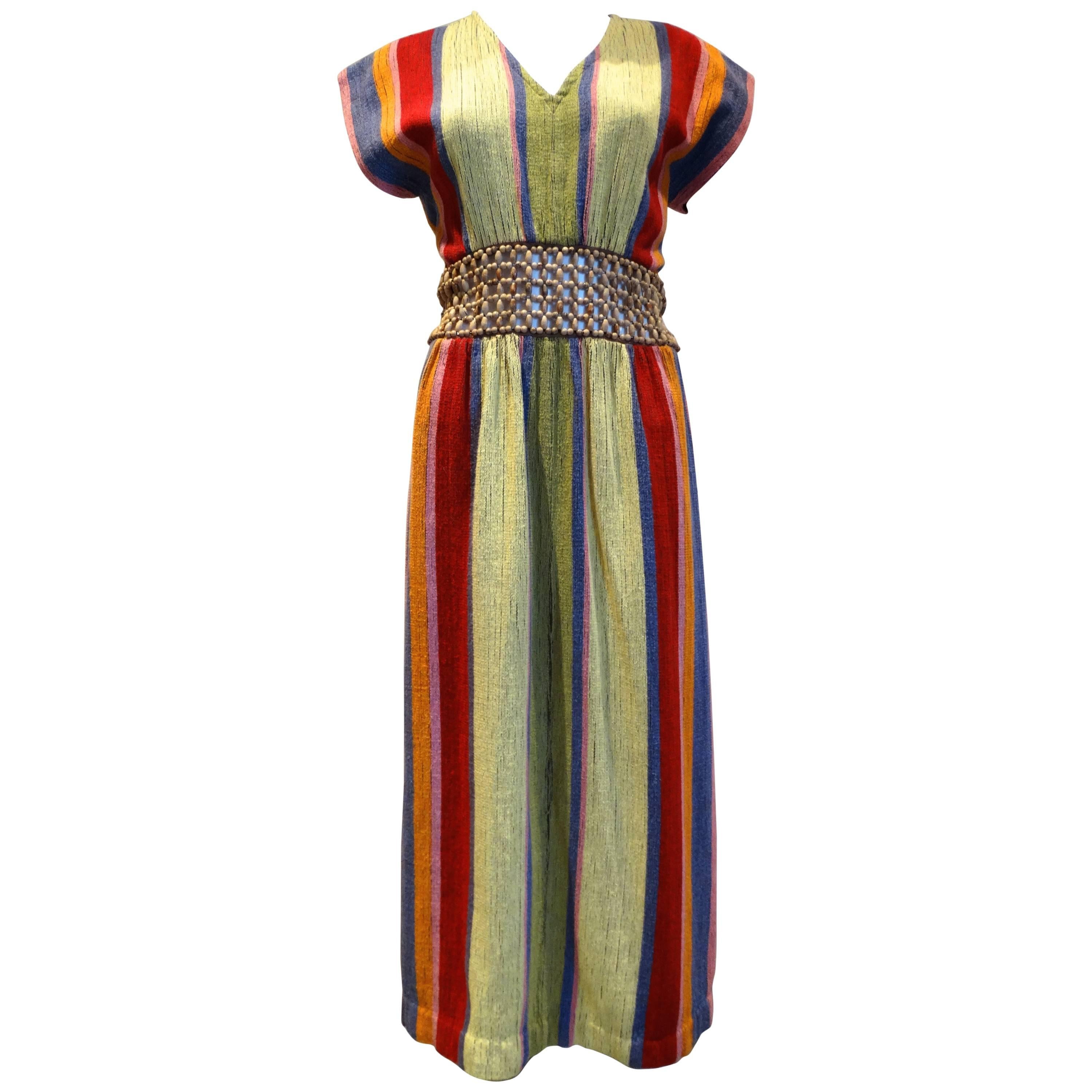 1970s Rikma Bohemian Dress w/ Wooden Macrame Waist