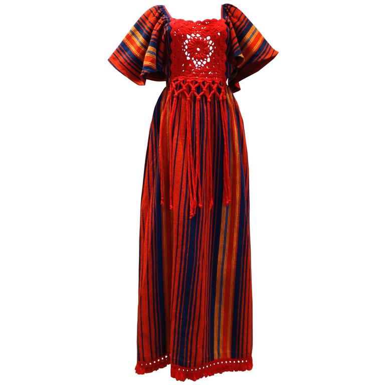 1970s Rikma Bohemian Crochet W/Fringe Maxi Dress at 1stDibs